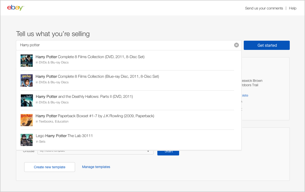 Search field with autocomplete suggestions for Harry Potter products and their categories