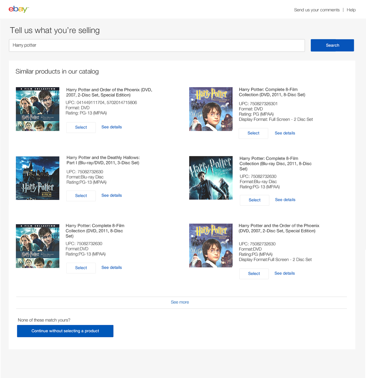 Similar products in our catalog page showing Harry Potter DVD and Blu-ray matches with Select and See details actions, plus a Continue without selecting a product button