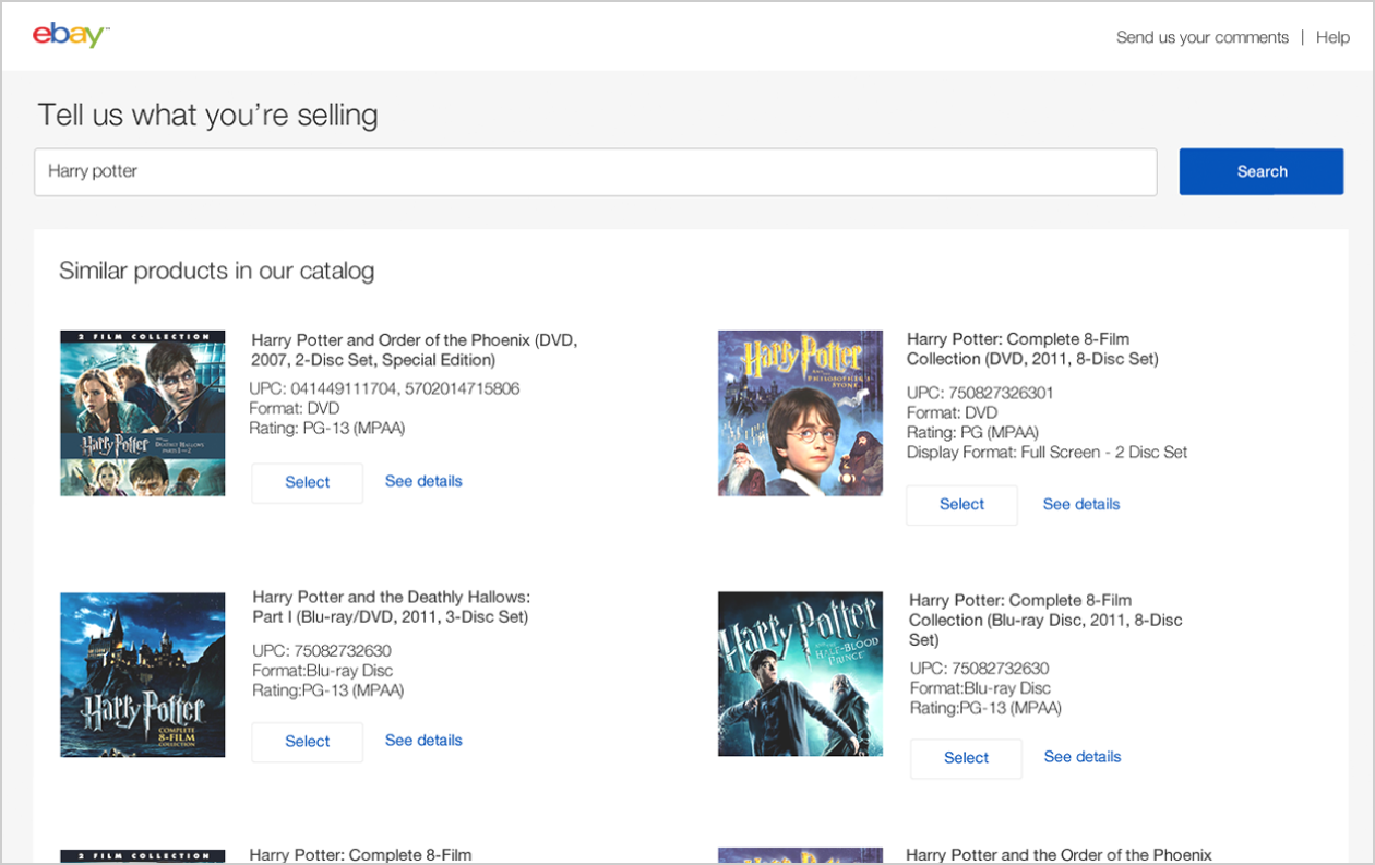 Similar products in our catalog results for Harry Potter