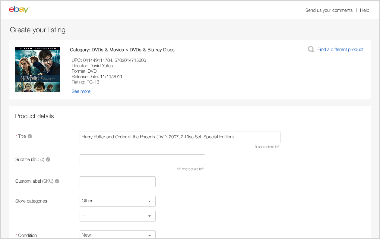 Create your listing page prefilled with the selected product’s category, UPC and title
