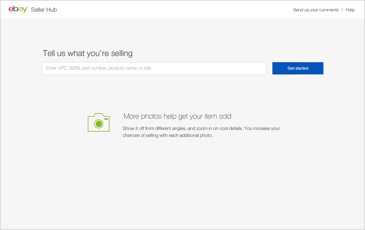 Seller Hub Tell us what you’re selling page with a tip that more photos help items sell