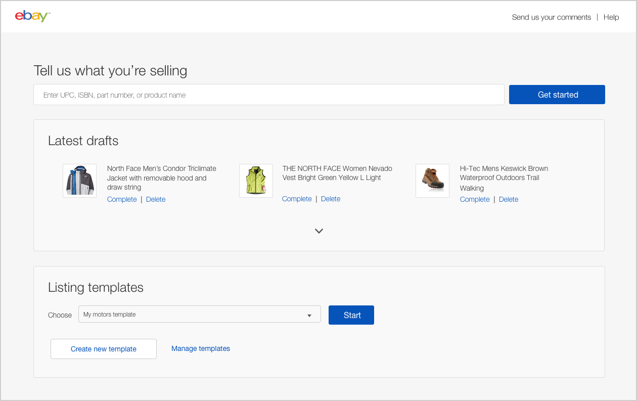 Tell us what you’re selling page with latest drafts and listing templates
