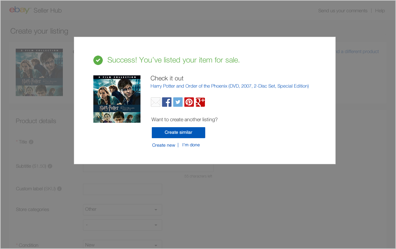 Success dialog confirming the item is listed, with share options and a Create similar button