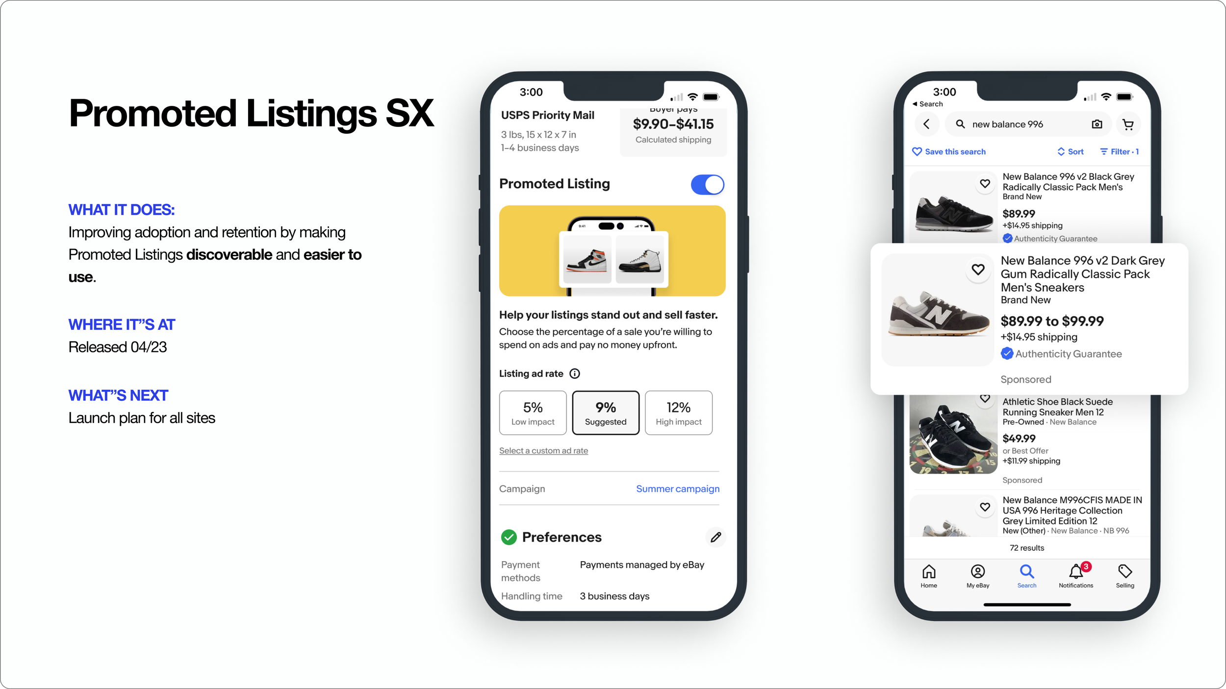 Promoted Listings slide: a listing screen with a Promoted Listing toggle and 5%, 9% suggested and 12% ad rate options, next to search results showing a sponsored New Balance sneaker