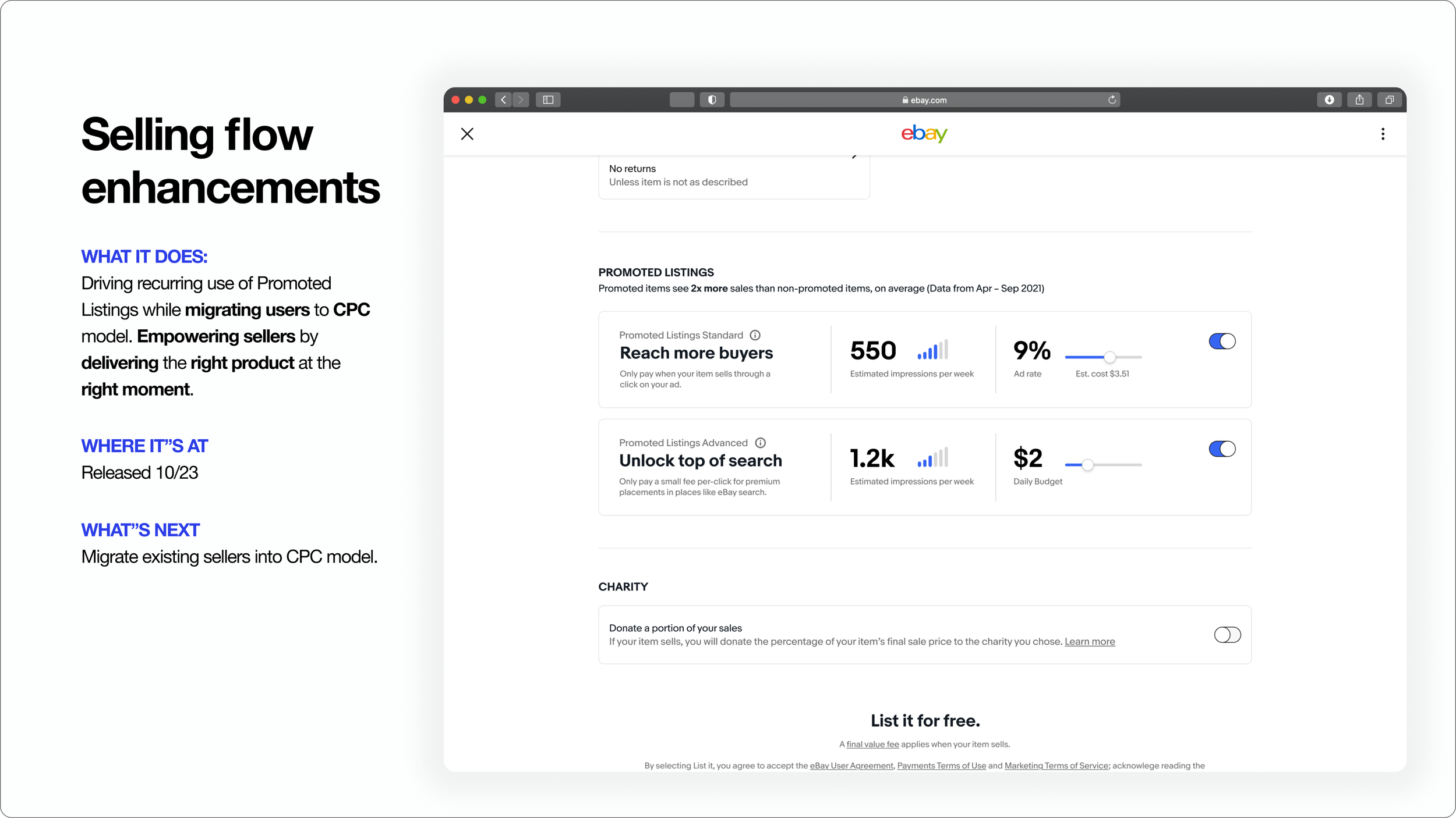 Selling flow slide: eBay web listing form with Promoted Listings Standard and Advanced options showing estimated impressions, ad rate and daily budget