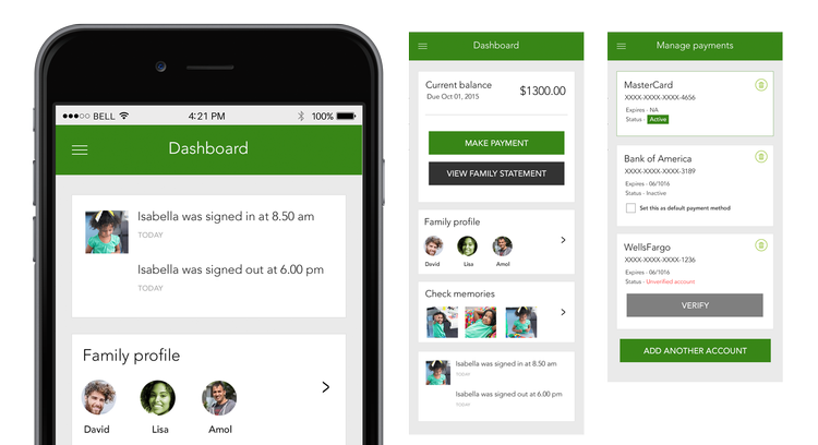 Kinderlime dashboard showing sign-in and sign-out times, family profile, current balance of $1300 and a manage payments screen