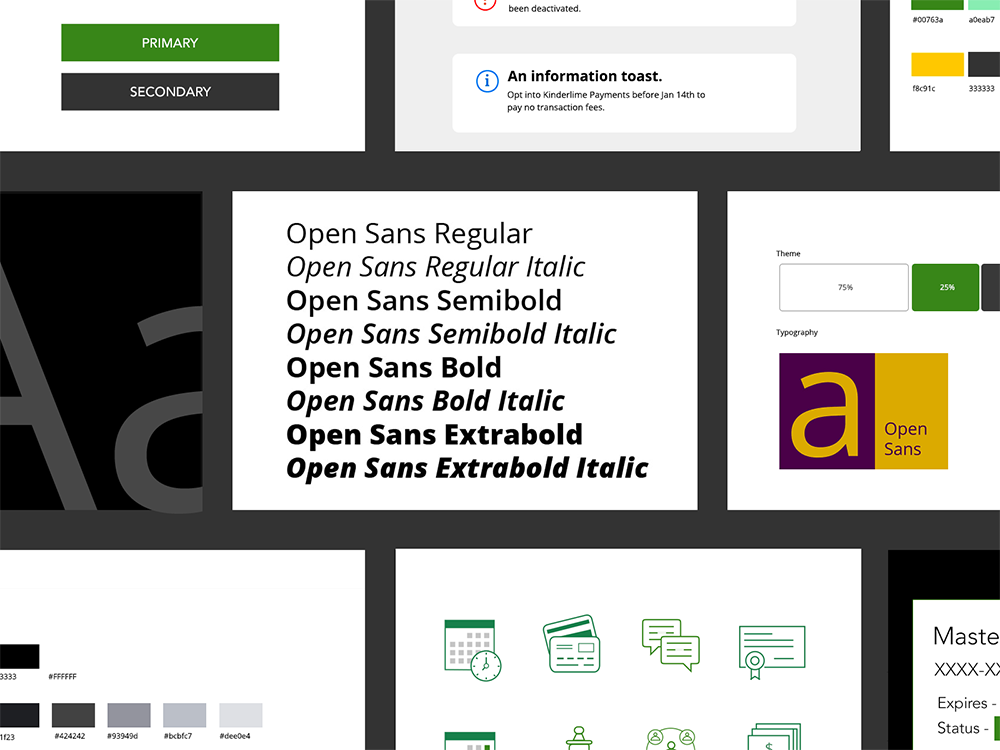 Kinderlime design system with primary and secondary buttons, toasts, Open Sans type specimen, colour swatches and line icons