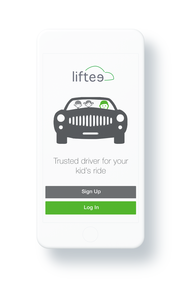 Liftee welcome screen with car illustration and sign up and log in buttons