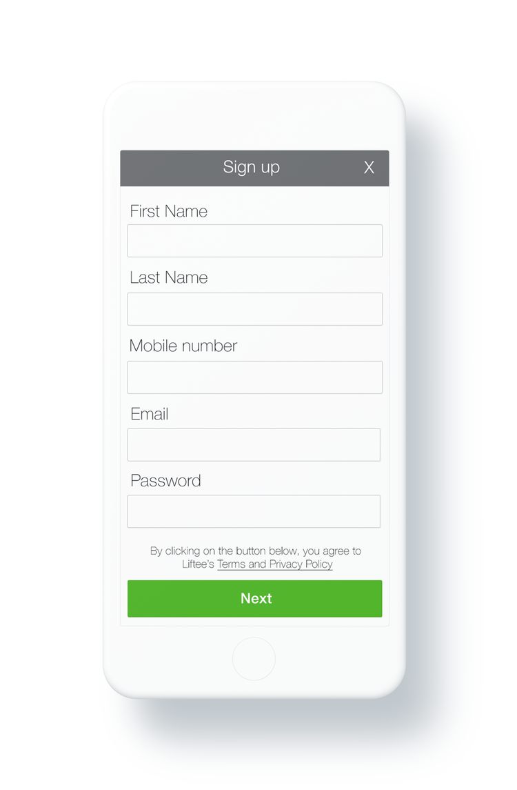 Sign up form with name, mobile number, email and password fields
