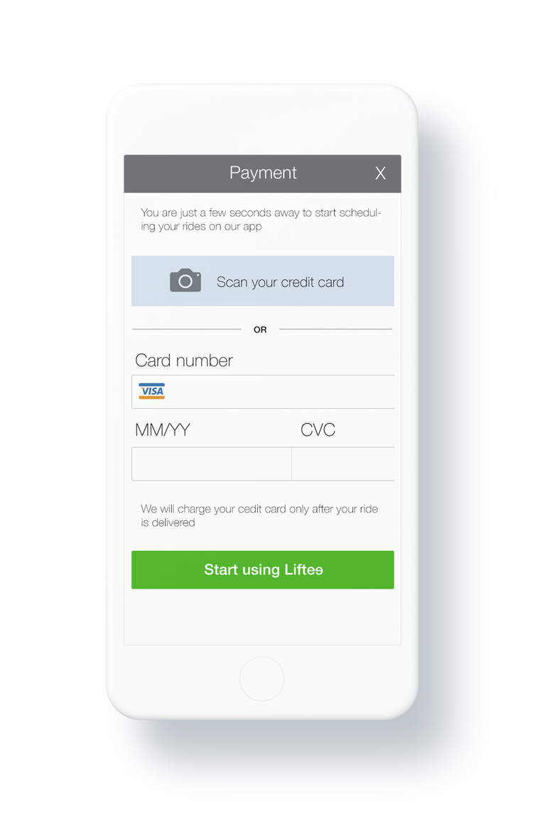 Payment screen with scan credit card option and card fields