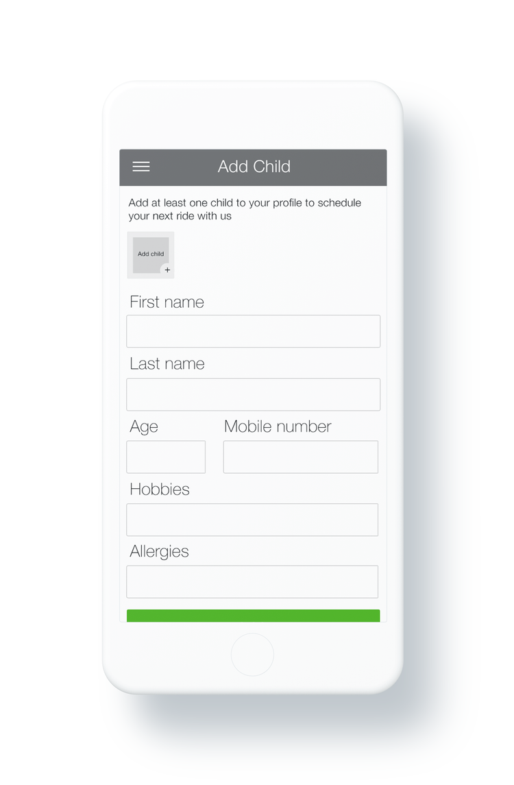 Add child form with name, age, mobile number, hobbies and allergies
