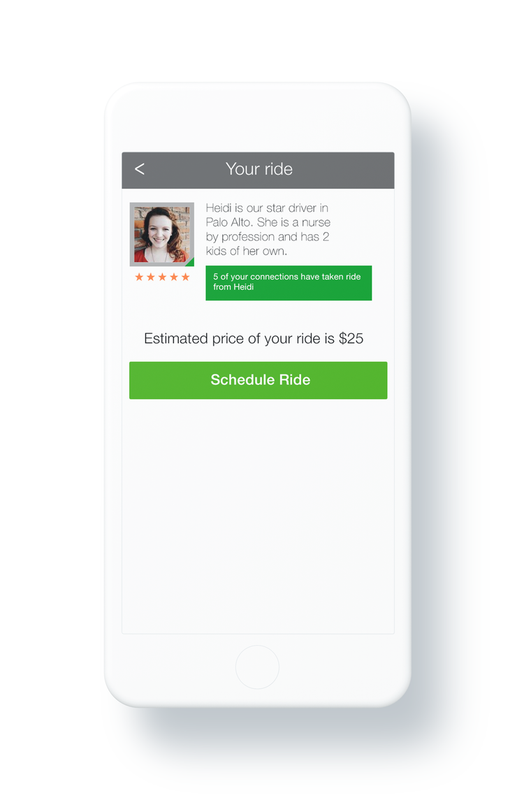 Selected driver with estimated price and schedule ride button