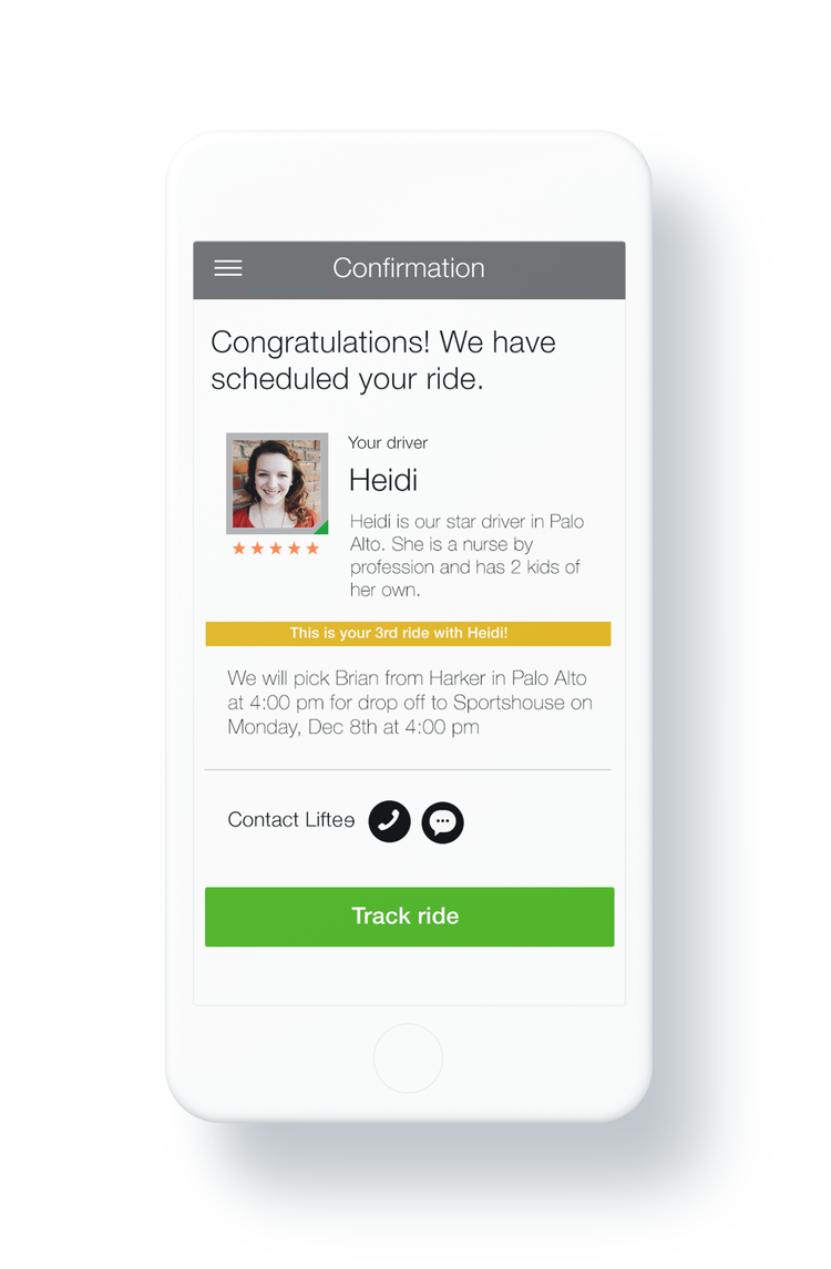 Ride confirmation with driver details, pickup time and track ride button