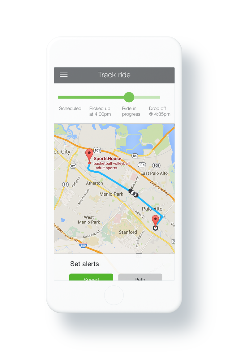 Live ride tracking with progress bar, route map and alert options