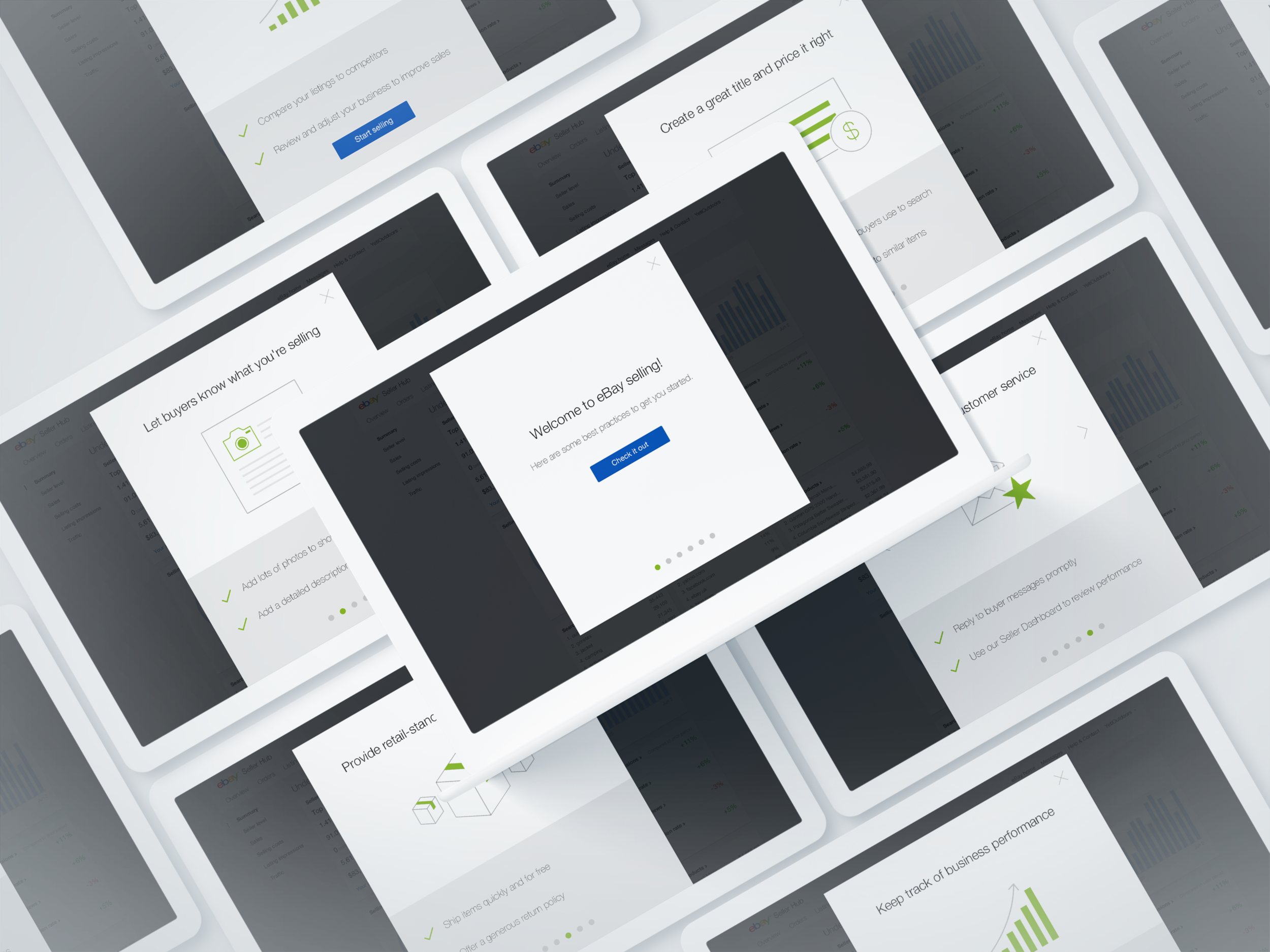 eBay Seller Hub product tour screens arranged in a tilted grid