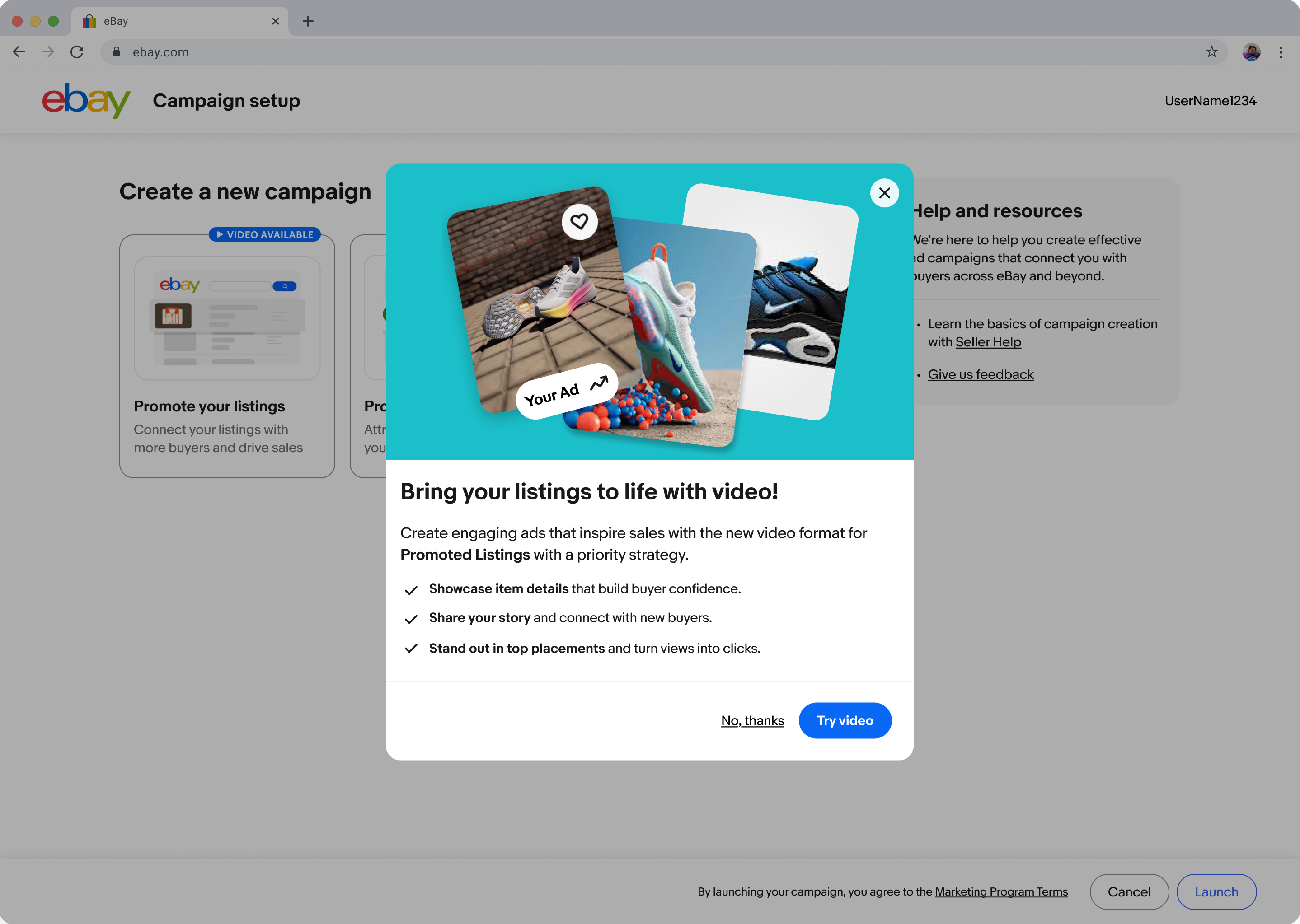 eBay campaign setup with a "Bring your listings to life with video!" modal showing sneaker video ad cards and a Try video button