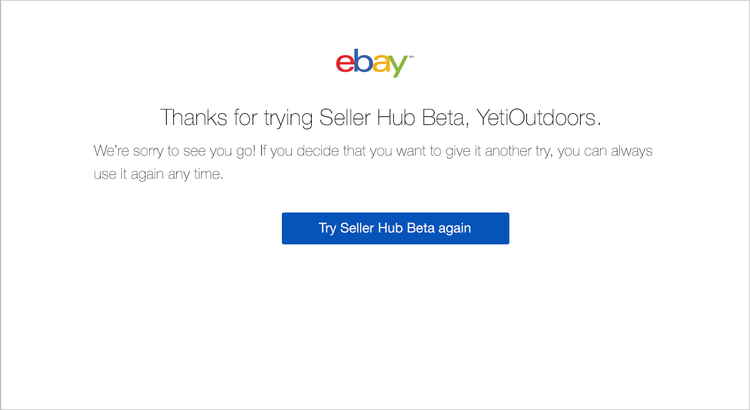 eBay email thanking YetiOutdoors for trying Seller Hub Beta with a Try Seller Hub Beta again button