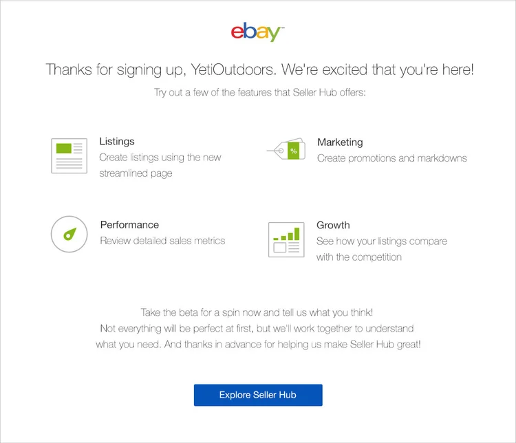 eBay welcome email thanking YetiOutdoors for signing up, listing Listings, Marketing, Performance and Growth features with an Explore Seller Hub button