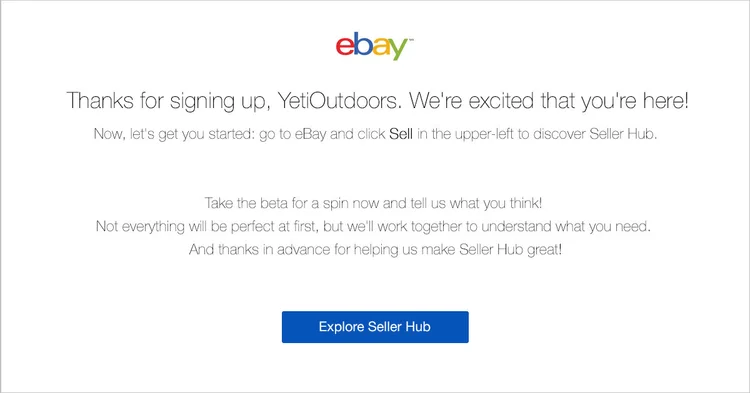 eBay welcome email telling the seller to click Sell to discover Seller Hub, with an Explore Seller Hub button
