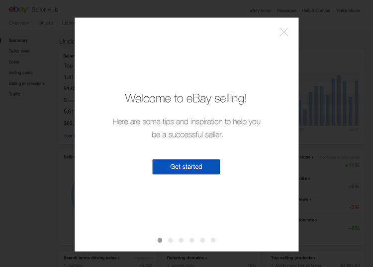 Tour modal reading "Welcome to eBay selling!" with a Get started button over the Seller Hub dashboard