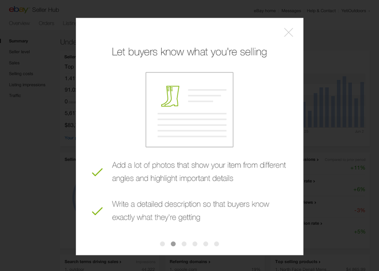 Tour step "Let buyers know what you’re selling" with tips on photos and detailed descriptions