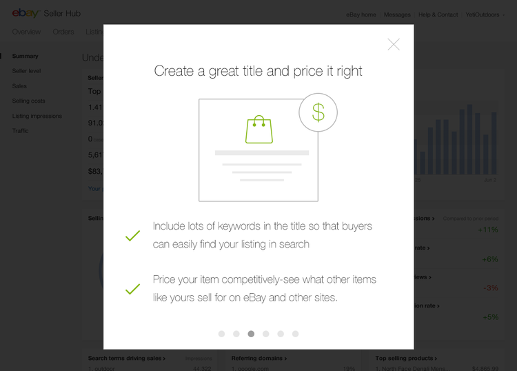 Tour step "Create a great title and price it right" with tips on keywords and competitive pricing