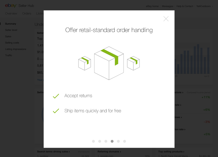 Tour step "Offer retail-standard order handling" with tips to accept returns and ship quickly for free