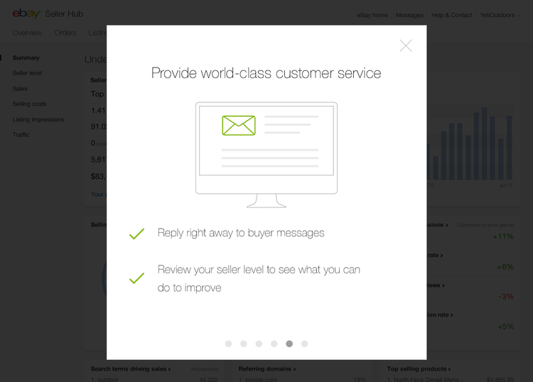 Tour step "Provide world-class customer service" with tips on replying to buyers and reviewing seller level