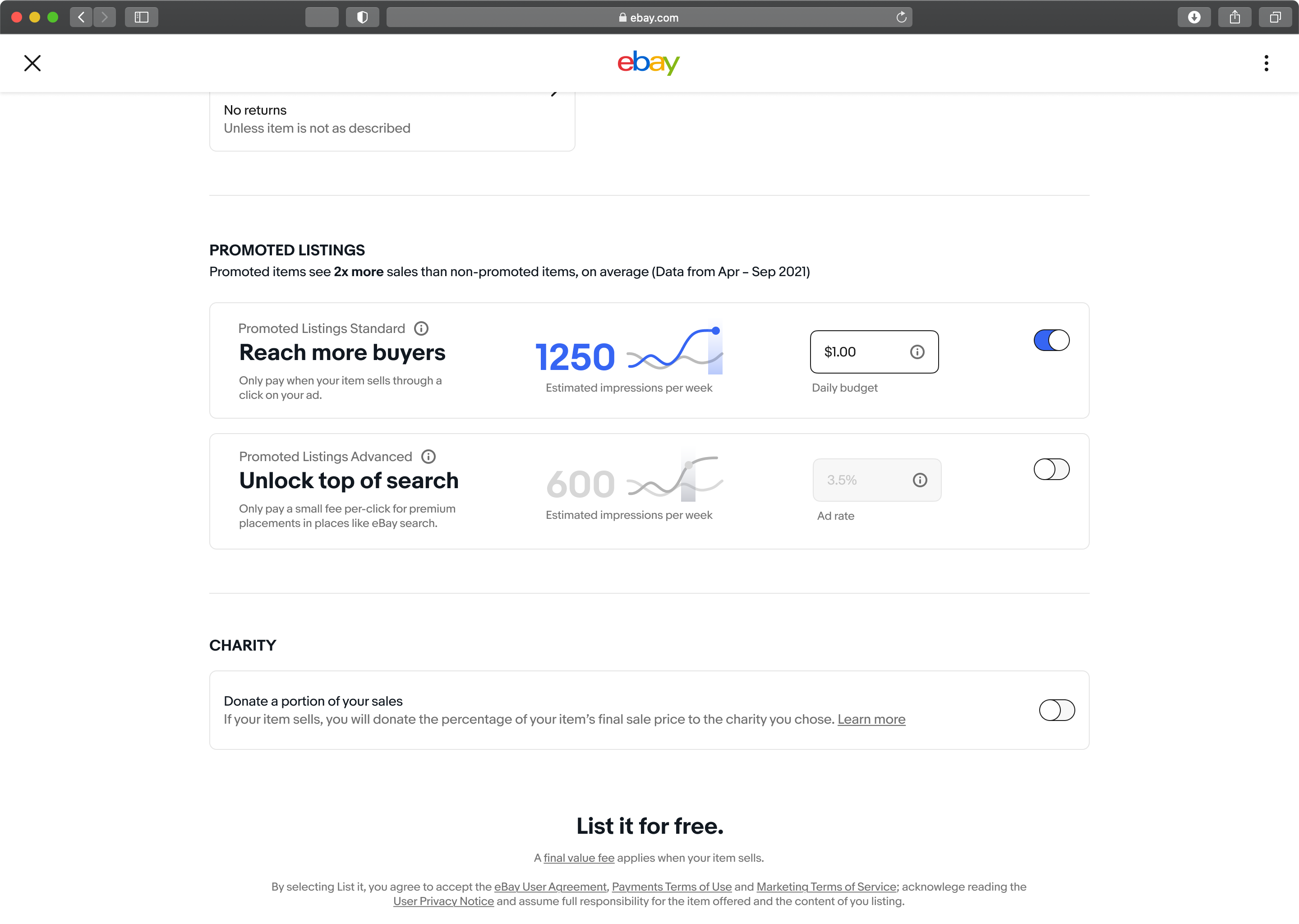 Two Promoted Listings cards, each with a sparkline beside estimated weekly impressions of 1250 and 600, plus daily budget and ad rate fields