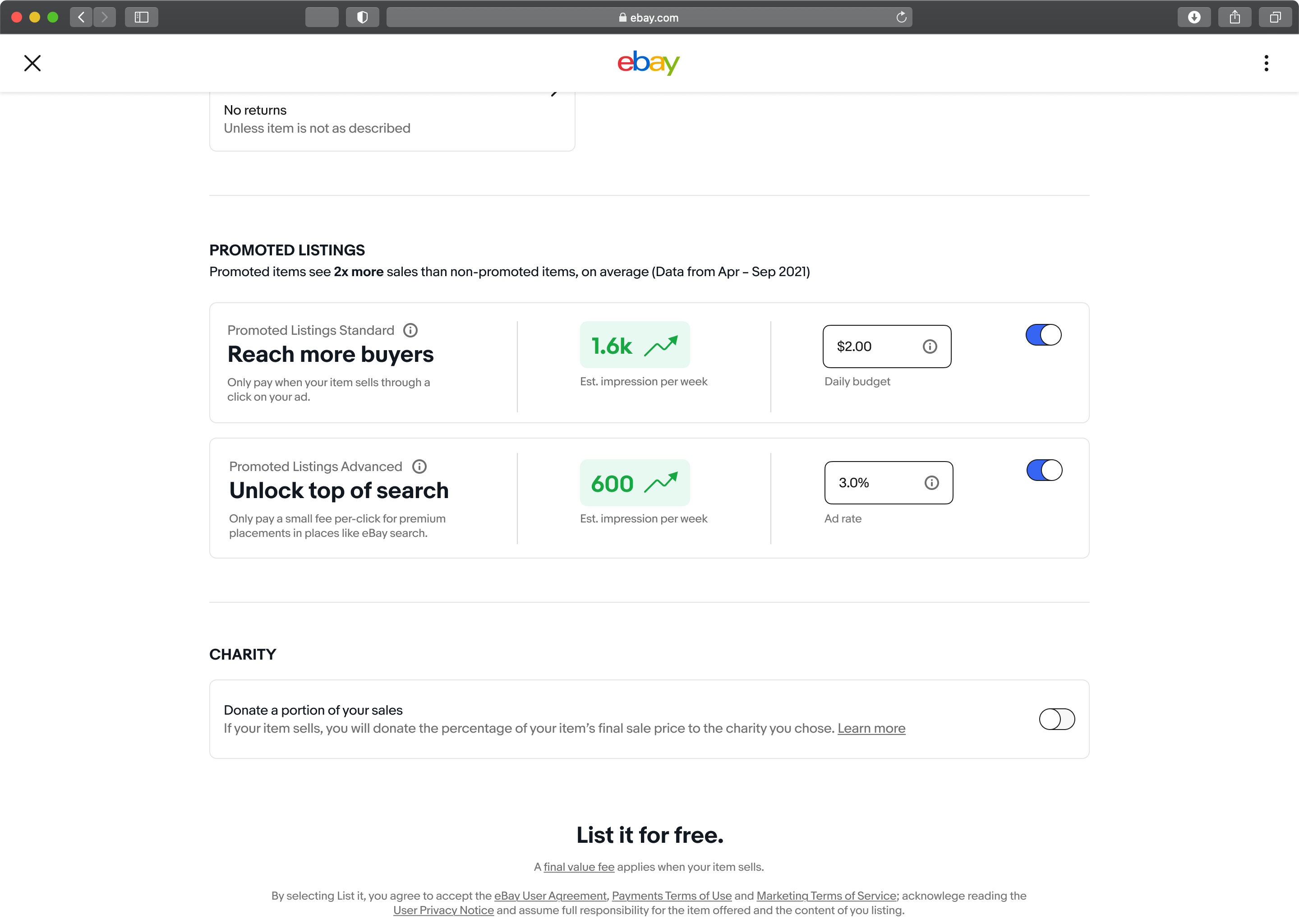 Two Promoted Listings cards with green ticker badges showing 1.6k and 600 estimated weekly impressions, next to daily budget and ad rate fields