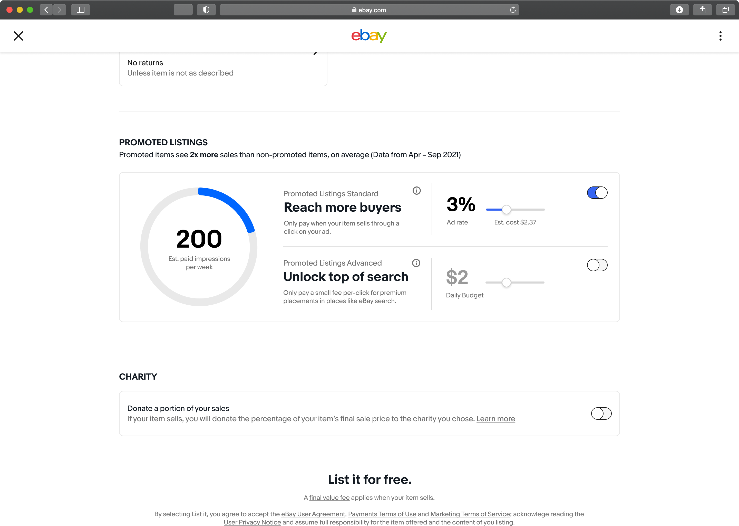 One combined Promoted Listings card with a single blue ring showing 200 estimated paid impressions, a 3% ad rate slider and Advanced switched off