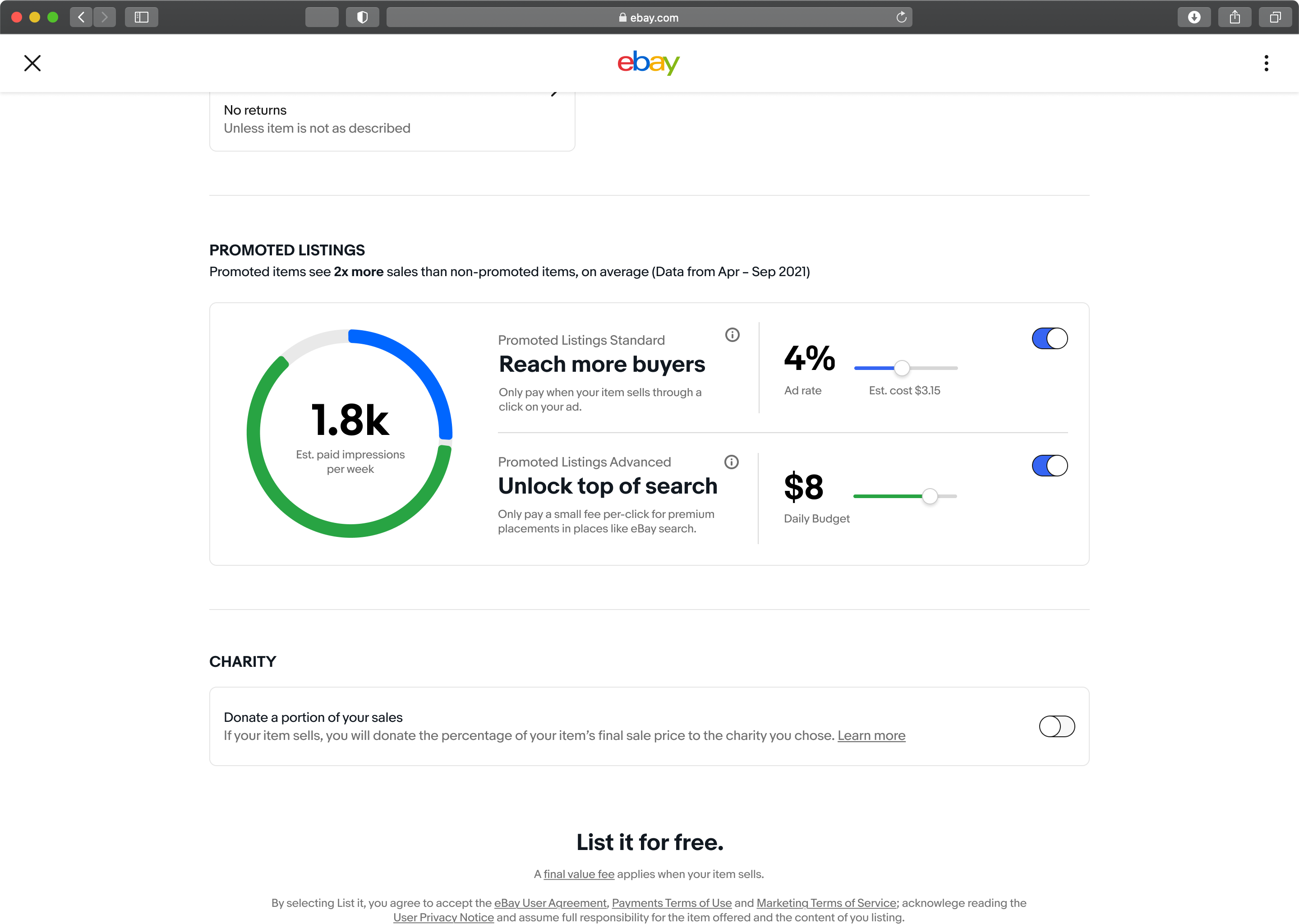 One combined Promoted Listings card with a blue and green ring showing 1.8k estimated paid impressions, and sliders for a 4% ad rate and $8 daily budget