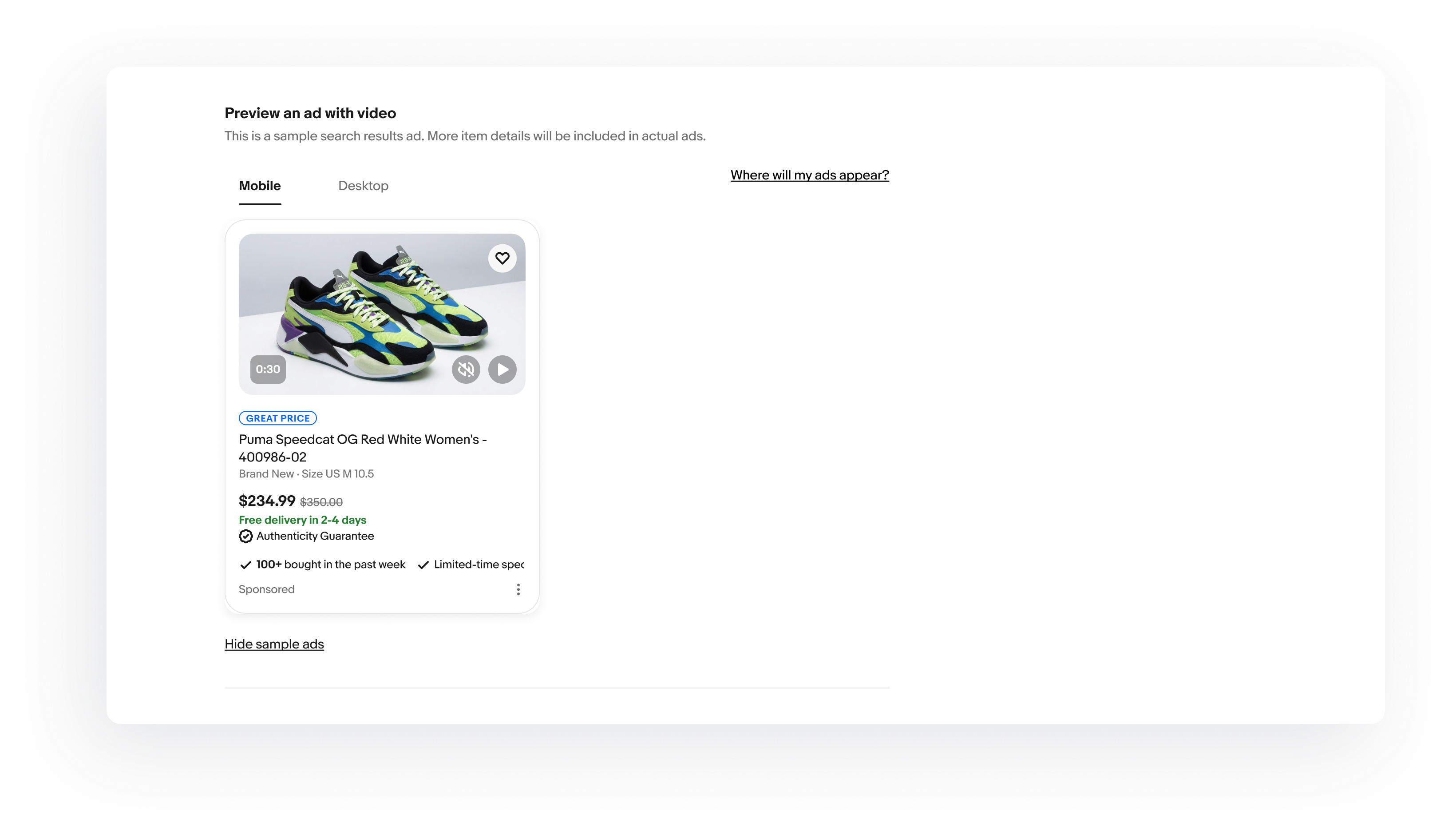 Preview of a sponsored mobile search ad with a 30 second muted sneaker video