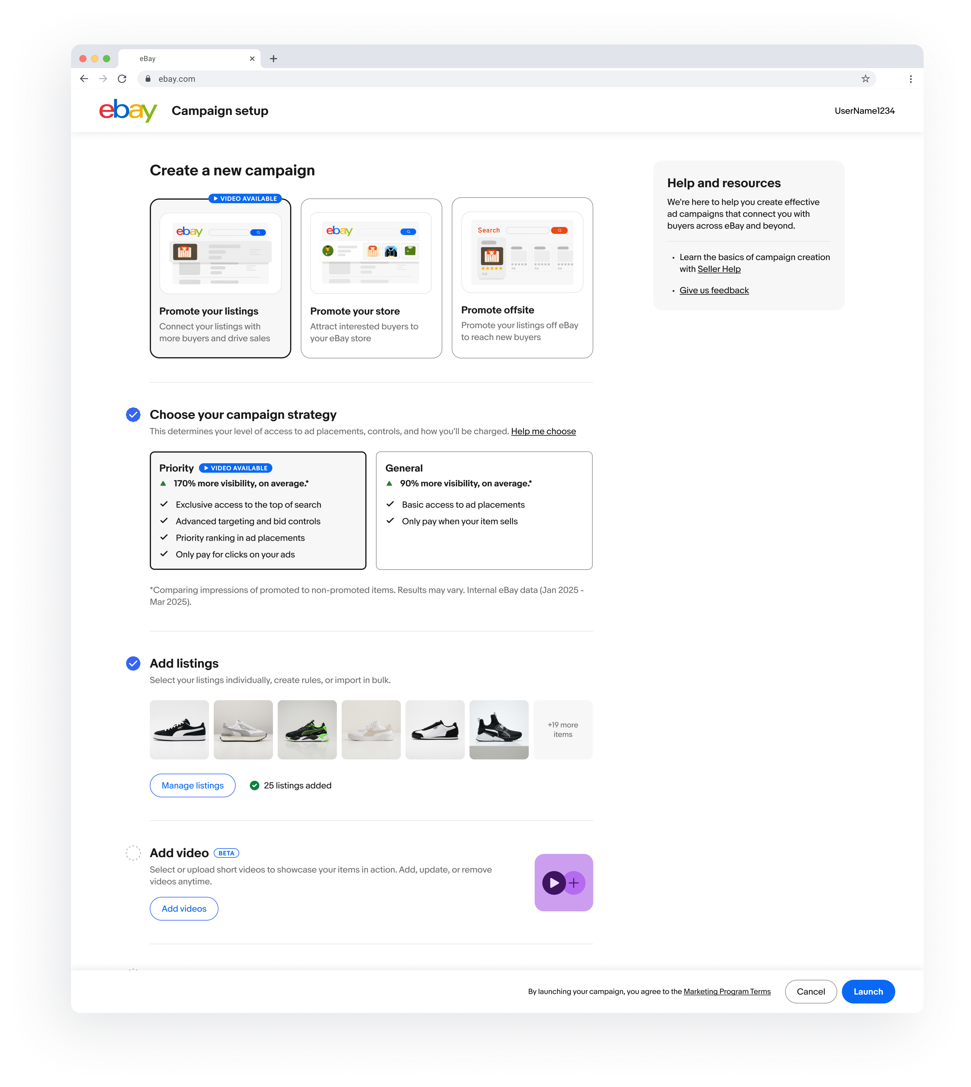 eBay campaign setup with Video available badges on Promote your listings and Priority strategy, and an Add video beta step