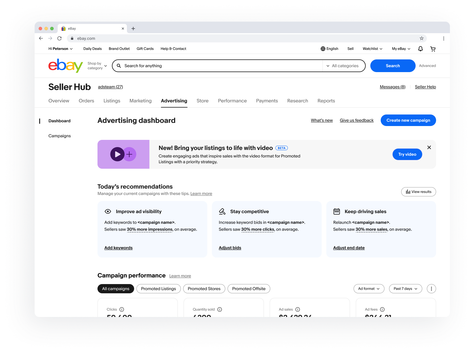 eBay Seller Hub Advertising dashboard with a "New! Bring your listings to life with video" beta banner and a Try video button
