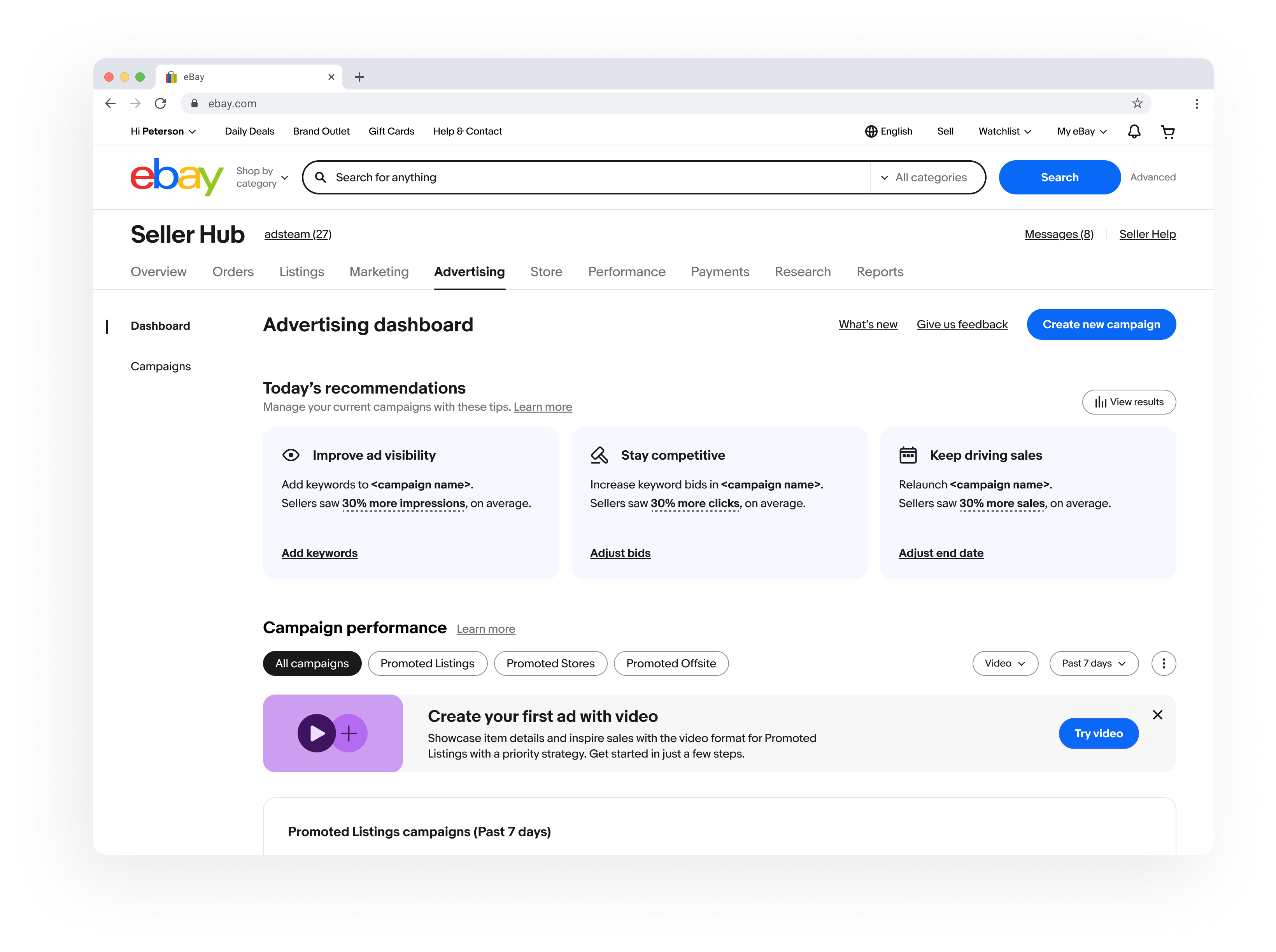 Seller Hub campaign performance with a Create your first ad with video banner