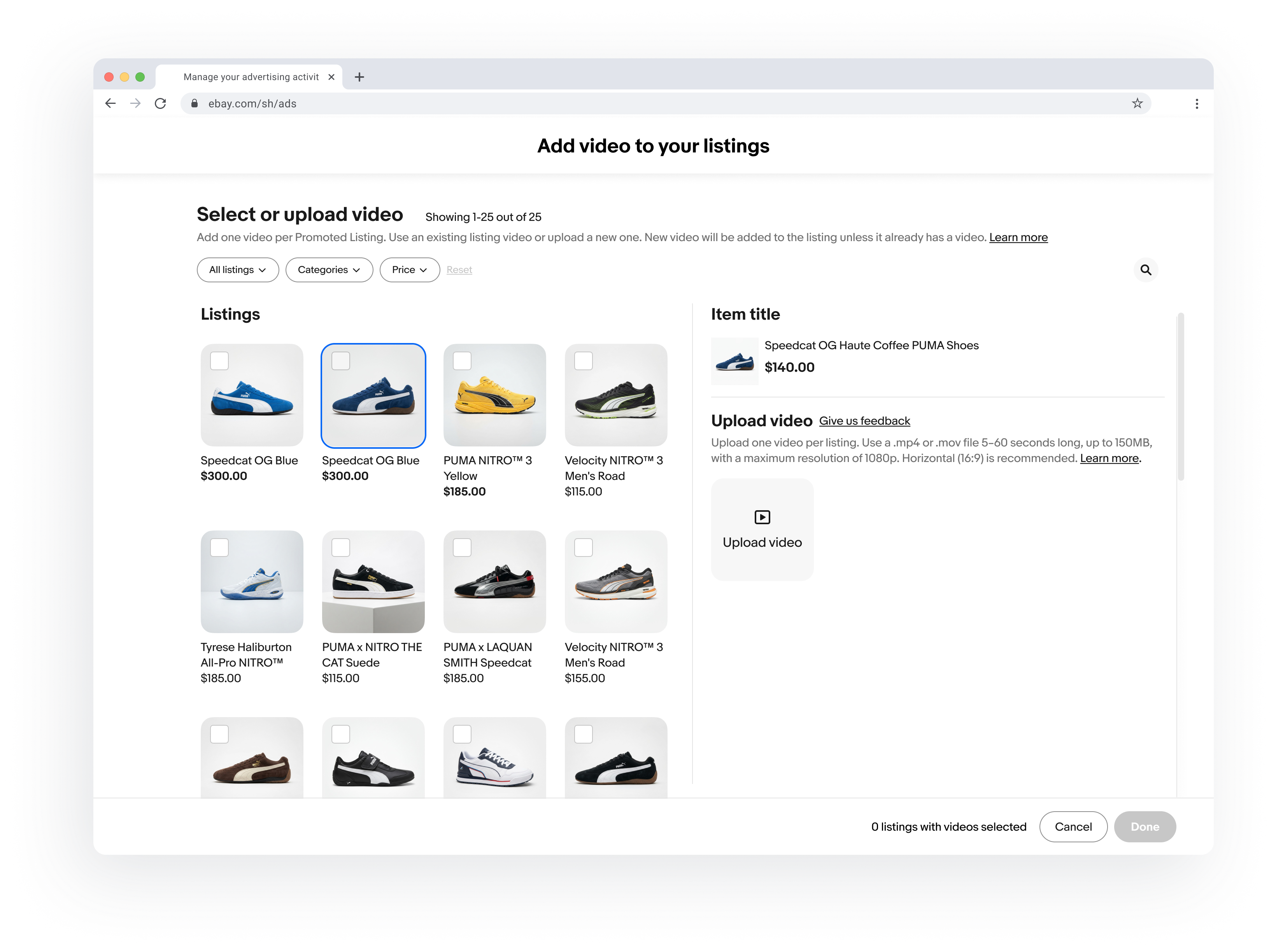 Add video to your listings screen with a grid of sneaker listings and an Upload video panel listing format, length and size requirements