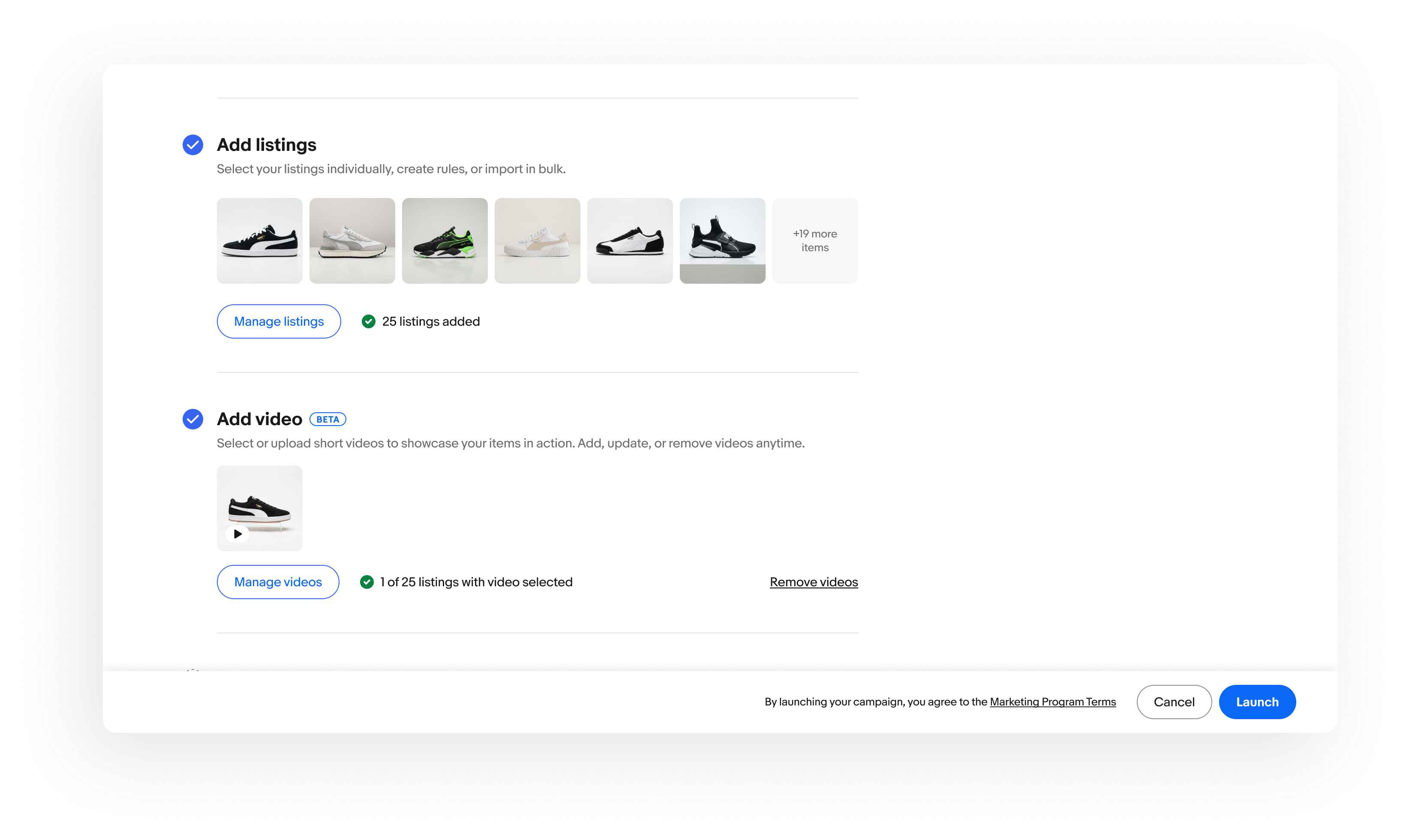 Campaign setup showing Add video completed with 1 of 25 listings with video selected